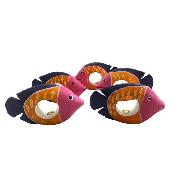 Wood Fish Napkin Rings Hand Painted Holders Ocean Beach Dining Decor - Picture 1 of 7